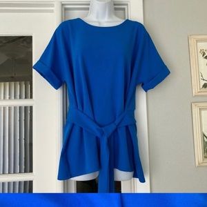 PL Worthington Electric Blue Short Sleeve Blouse with Tie in Front